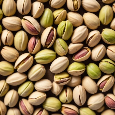 Pistachios displayed on a wooden surface in various colors