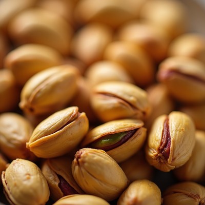 Pistachio nuts close-up displays natural green kernels