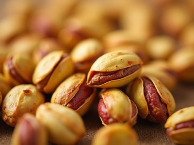 Pistachio nuts scattered on a wooden surface