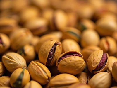 Pistachio nuts in close-up view on a textured surface