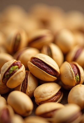 Various pistachios in a close-up view on a wooden surface