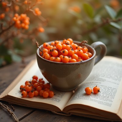 Fresh berries filling a cozy cup on an open book