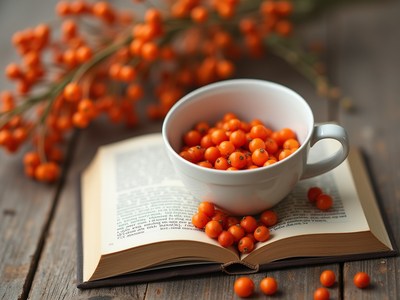 Bowl of orange berries on an open book