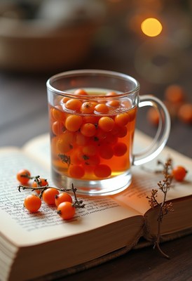 Warm drink with berries on open book in cozy setting
