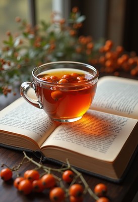 Warm cup of tea beside an open book with berries