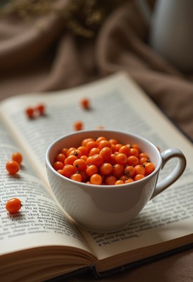 Fresh sea buckthorn berries in a white cup on a book
