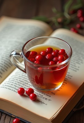 Warm tea with berries resting on open book