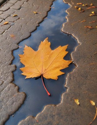 Yellow maple leaf floating in a puddle on stone