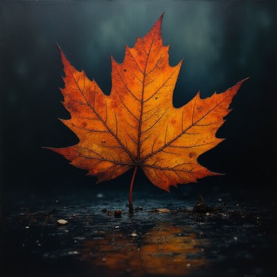 Vibrant orange maple leaf on wet pavement during autumn