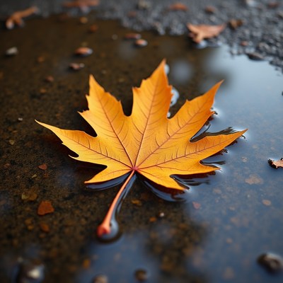 Autumn leaf resting in puddle after rainfall