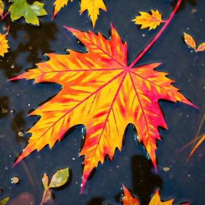 Maple leaf floats in puddle of water during autumn