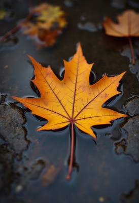 Maple leaf floating in puddle during autumn