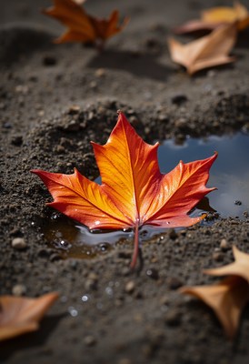 Vibrant autumn leaf resting in a puddle on the ground