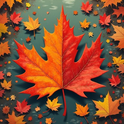 Autumn maple leaf on teal background with scattered leaves