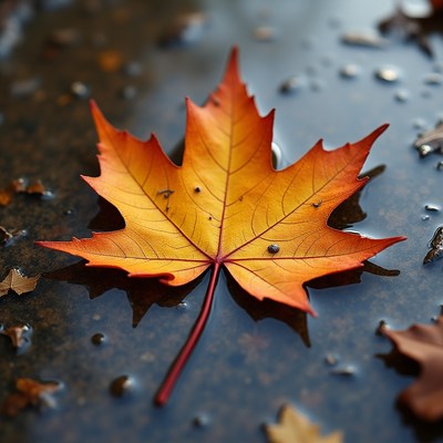 Maple leaf floating on water in the autumn season