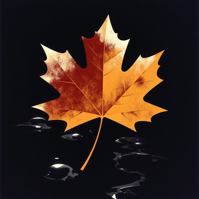 Autumn maple leaf with water droplets in dark backdrop