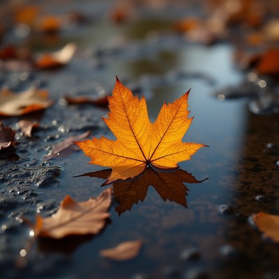 Orange maple leaf resting on water during autumn