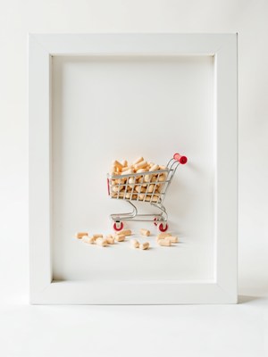 Mini shopping cart filled with wooden blocks on display