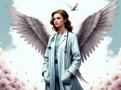 Angel-winged doctor in soft clouds