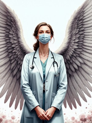Healthcare worker with wings symbolizing hope and care