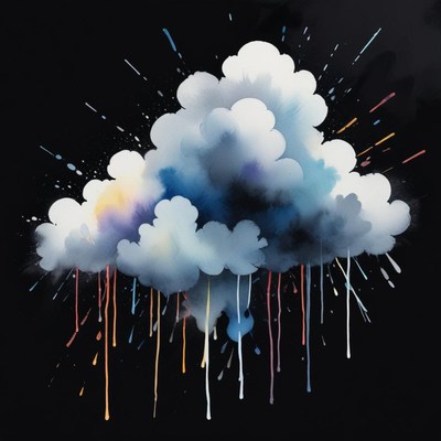 Colorful rain droplets on dark cloud backdrop