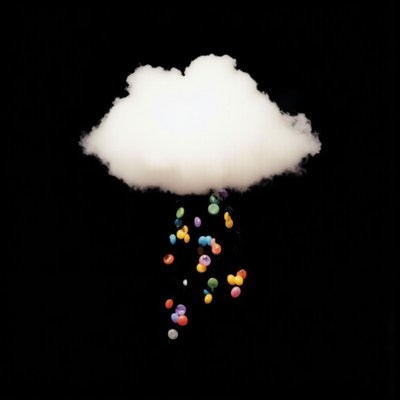Cloud raining colorful candies in dark background