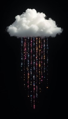 Cloud releases sparkling rain of colors in dark background