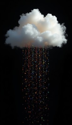 Cloud raining light particles in a dark background
