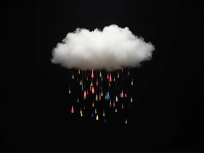 Colorful raindrops falling from a fluffy cloud