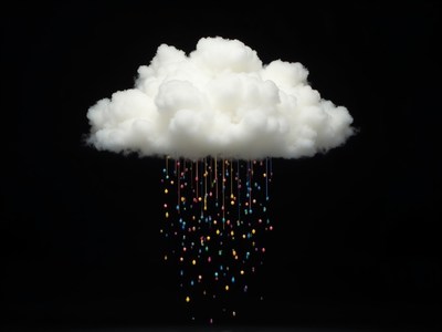 Cloud with colorful raindrops falling in darkness
