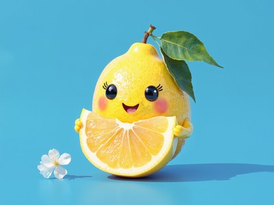 Cute lemon character holding a fresh slice with a smile