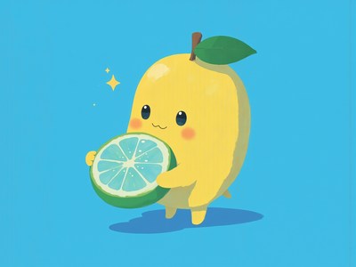Cute lemon character holding a lime slice on blue background