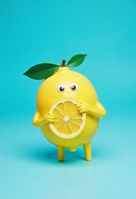Whimsical lemon character holding a slice with playful eyes