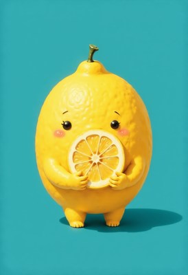 Cute lemon character holds a slice with cheerful expression