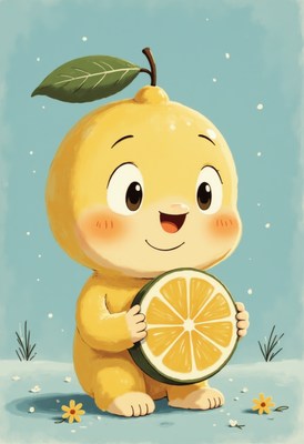 Cute character holding a lemon outdoors during spring