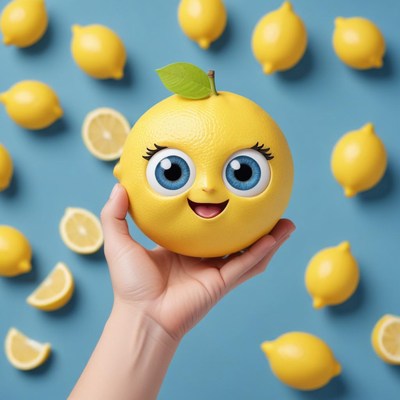 Smiling lemon character held by a hand on blue background