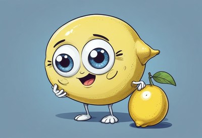 Cartoon lemon character with big eyes and cheerful smile