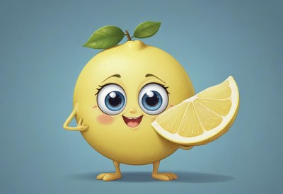 Cheerful cartoon lemon holding a slice in a playful pose