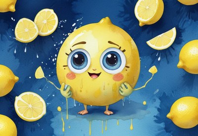Cute lemon character surrounded by fresh lemons and zest