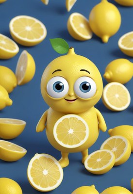Lemon character surrounded by fresh lemon halves