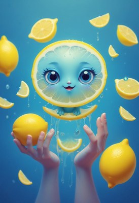 Cute cartoon character surrounded by lemons and lemon slices