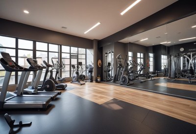 Modern gym interior with fitness equipment and windows