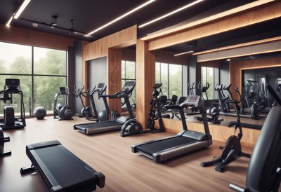 Modern gym space with fitness equipment and natural light