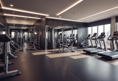 Modern gym interior with fitness equipment and natural light