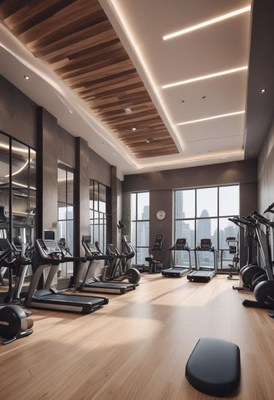 Modern gym interior with city skyline view at dawn
