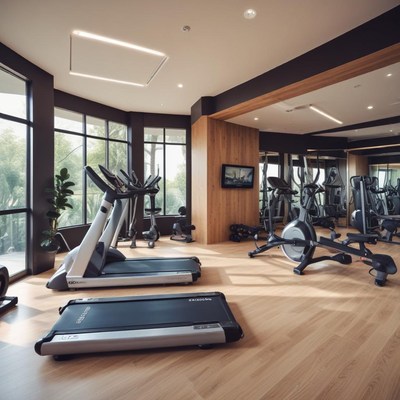 Modern gym interior with fitness equipment and natural light