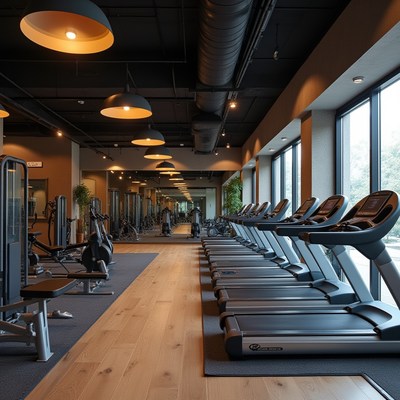 Modern gym interior with fitness equipment and natural light