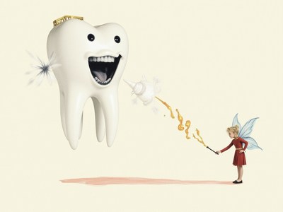 Tooth fairy meets giant smiling tooth in whimsy