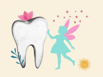 Enchanted fairy with a tooth in a whimsical setting