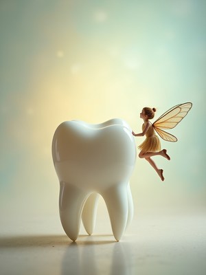 Tooth fairy visits a giant tooth in a dreamy setting